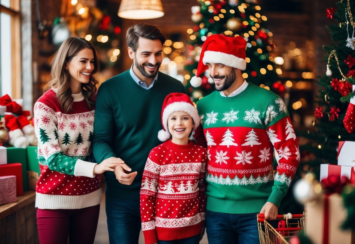 En familie handler gladeligt efter billige julesweatre i en hyggelig festlig butik