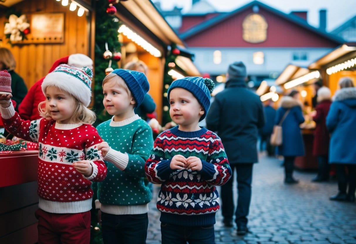 Et travlt julemarked i Sverige med børn der prøver farverige julesweatere mens forældre kigger på nærliggende boder